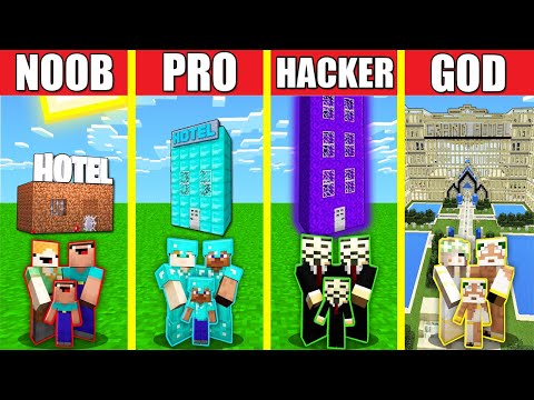 Minecraft Battle: HOTEL BUILD CHALLENGE - NOOB vs PRO vs HACKER vs GOD / Animation HOUSE BASE