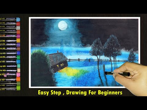 Beautiful Moonlight Scenery Drawing with Oil Pastels | Moonlight Scenery Drawing | Pastel Drawing