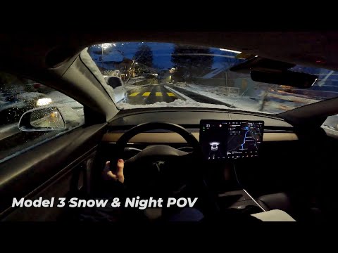Tesla Model 3 Test Drive Snow & Night POV | LED Headlights 2022