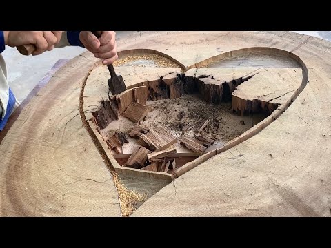 Process Restoring Damaged Wooden Panels By Skillful Carpenter - Heart Mounted Design On Table Top