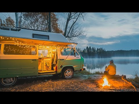 Alone Camping in the Rain | Cozy Lake Vanlife ASMR (VW T3, Nature Sounds)