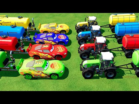 COLORED RIGITRAC TRACTORS VS LIGHTNING MCQUEEN WITH FUEL TANKS PARKOUR - Farming Simulator 22