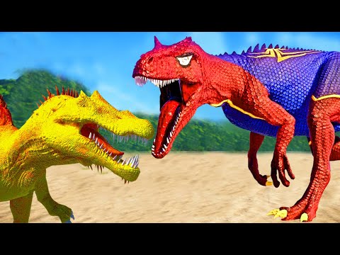 Spiderman T- Rex vs Yellow Spinosaurus in Jurassic World Evolution 2 - ARBS Battle | Unicorn Lovely
