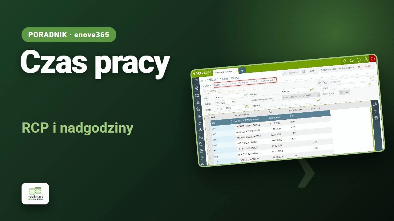 Czas pracy w enova365 — e-RCP, nadgodziny i weryfikacja