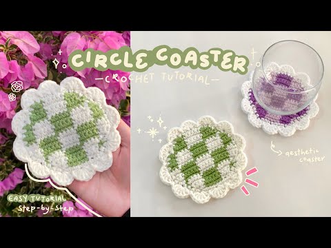 Crochet checkered coaster with ruffles (free written pattern)  | tutorial