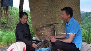 Robert met Mai in heavy rain on the rice hill. Green forest life 