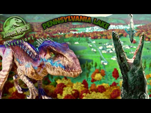 MOSASAURUS  vs.  INDORAPTOR  vs.  T-REX -- THE LAKE BATTLE \ JURASSIC WORLD EVOLUTION 2 / [4K 60FPS]