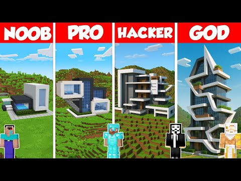 Hi-Tech House Build Battle Challenge - Noob vs Pro vs Hacker vs God - Minecraft Animation