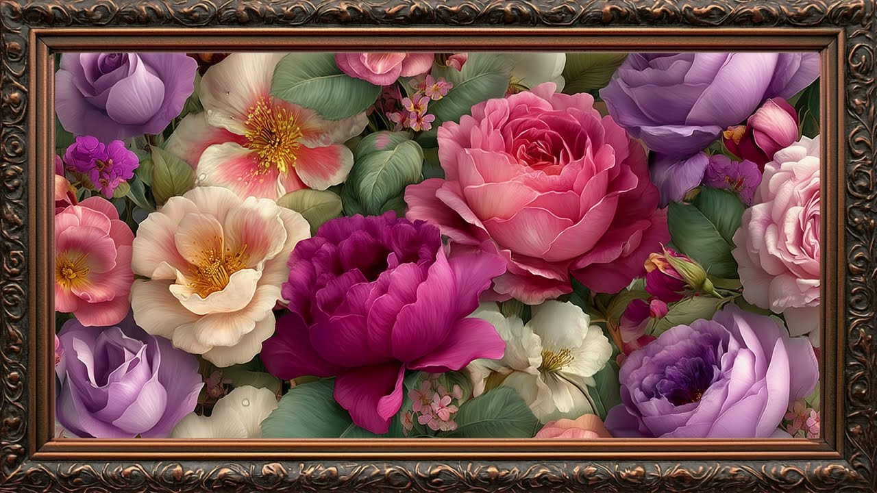 Vibrant Spring flowers frame tv art | Frame TV ART | Golden Framed Art | 4k wallpaper 4k