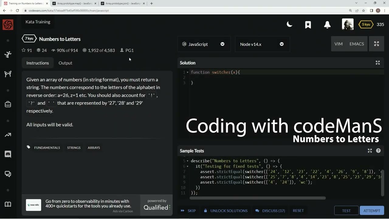Codewars 7 kyu Numbers to Letters JavaScript