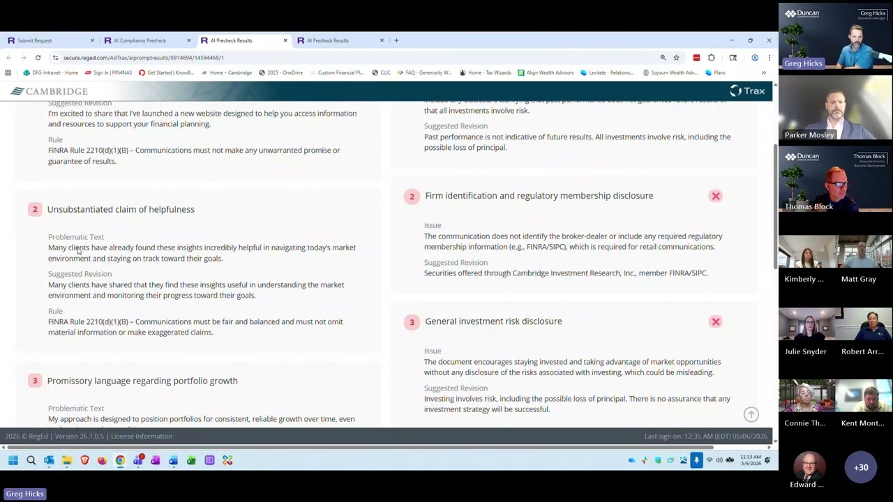 05/06/26 Compliance: Demo of the New AI Advertising Tool; Business: Tech Access/Changes: eSignature, MFA, Contrafirm Awareness, CRC, Upcoming Webinars; Presentation: Road to Innovate: The Pacific Financial Group (TPFG)