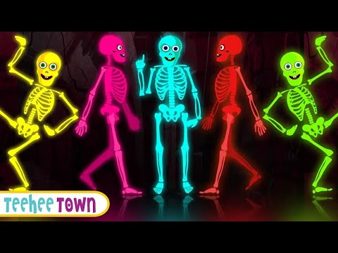 Five Skeletons Dancing Song + Spooky Scary Skeleton Songs | Teehee Town