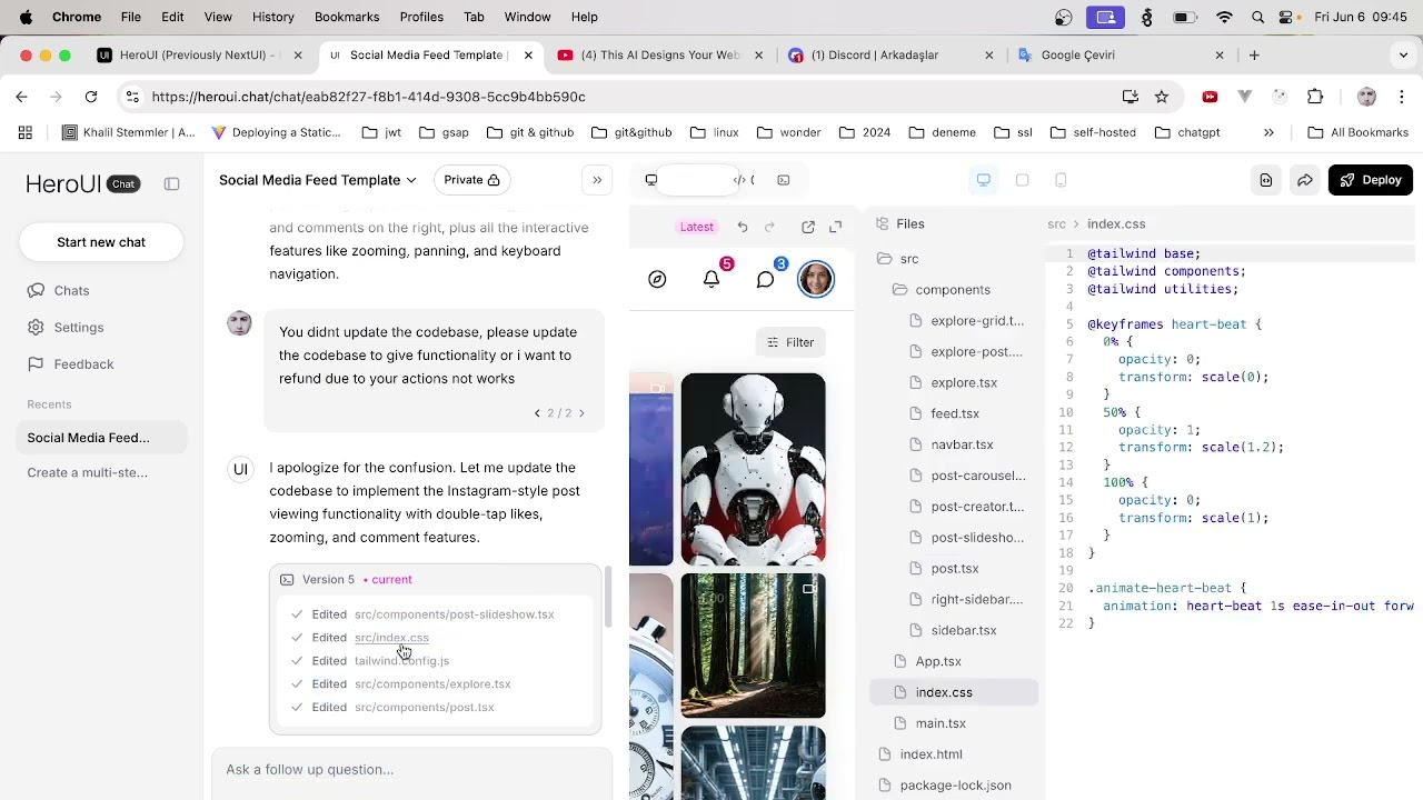 HeroUi Chat / AI not works. It just preview code not edits