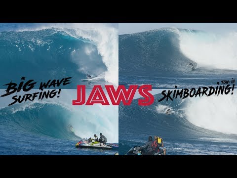 Tow-In Skimboarding and Surfing Big Waves at JAWS!