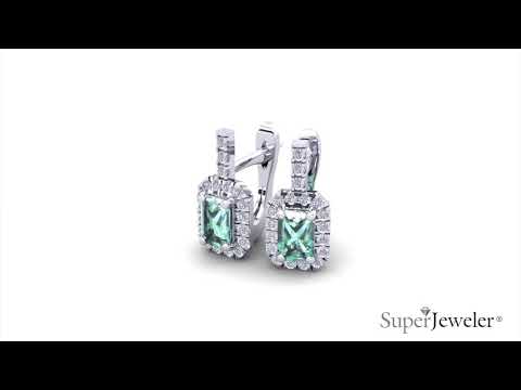 H051749 | Emerald Cut Green Amethyst and Halo Diamond Dangle Earrings In 14K White Gold