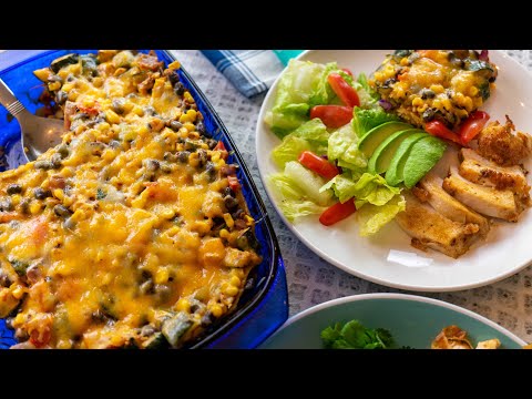 Simple Vegetarian Corn Tortilla Casserole with Zucchini and Black Beans Served with Chicken Breast