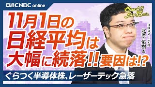 【11月1日(金)東京株式市場】日経平均株価は大幅続落、米ハイテク株安で日本株・半導体株下落／日銀植田総裁会見後に円高進む／レーザーテック急落／今晩雇用統計、来週は米大統領選挙／週明け東証取引時間延長