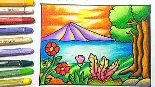 Mewarnai gambar pemandangan gunung, mewarnai dengan crayon.