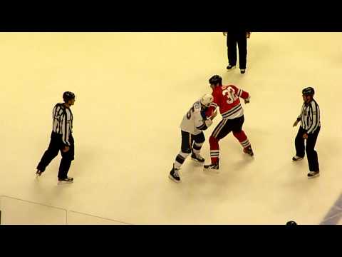 Chicago Blackhawks' John Scott vs Cam Janssen in Chicago, Tuesday, Nov. 30, 2010.