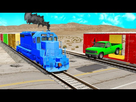 Cars vs Rails and Trains - Small cars crossing rails - BeamNG