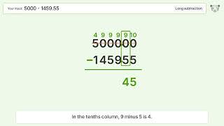 Long Subtraction Problem 5000-1459.55: Step-by-Step Video Solution