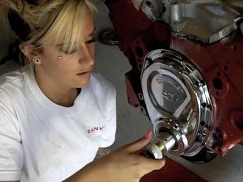 Stephanie gets ready to degree a camshaft w/ Proform tools.