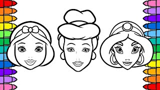 Disney Princess Coloring Pages | Coloring Jasmine, Cinderella and Snow White Faces