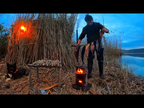 7 Days SOLO SURVIVAL CAMPING In RAIN. Catch and Cook, FISHING. Bushcraft Shelters - Winter Camp