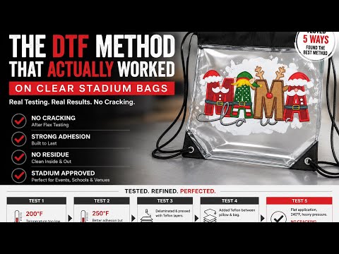 DTF transfer testing part 1 on clear stadium bag showing temperature and pressure adjustments