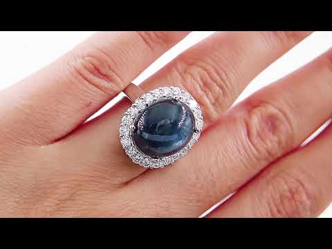 GIA 15.27ct Vintage Estate Blue Cabochon Sapphire Diamonds Cluster Ring