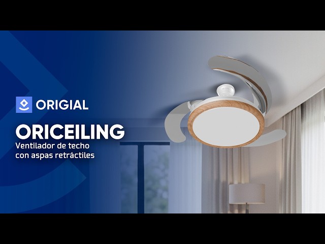Origial AirBliss Ceiling Retractable, Ventilador de techo con aspas retráctiles, 106cm, con luz regulable, madera video