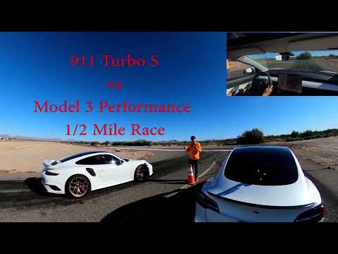 Pair of 911 Turbo S' vs Tesla Model 3 Performance 1/2 Mile No Fly Zone Gila Bend 12/19/21 Quick Hit.