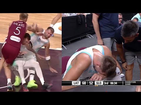 Luka Doncic scary knee injury for Slovenia after scoring 26pts in first half vs Latvia