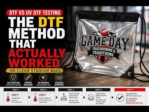DTF testing part 2 on clear stadium bag showing refined impression method and final successful result