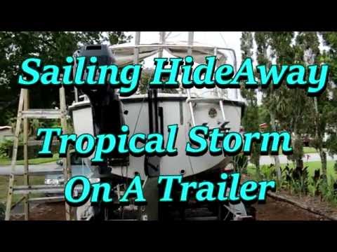 Preparing for a Tropical Storm on a Trailer in Driveway- Sailing  HideAway  Com-Pac 23