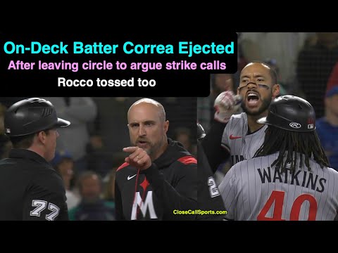 E55-6 - On-Deck Carlos Correa Ejected Leaving Circle to Argue Austin Jones Strike Call, Baldelli Too