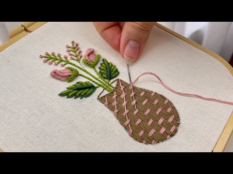 Simple Hand Embroidery Rose Flower bouquet with Basket: Flower Embroidery For Beginners