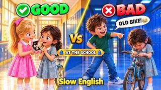SLOW ENGLISH | GOOD VS BAD AT THE SCHOOL | Jony Mocked Maya's Old Bike | Easy English Story A2 Level