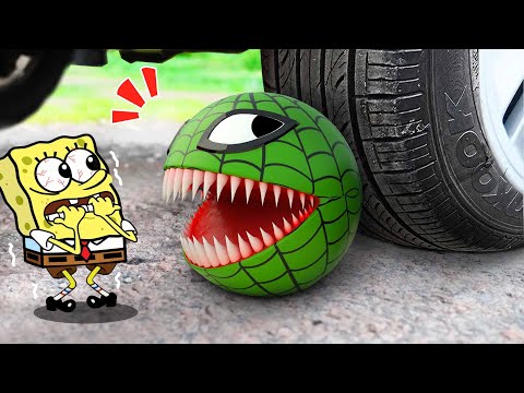 How Funny !! Car crushing Spongebob vs Watermelon Pacman ! 🚓 Crushing Crunchy & Soft Things by Car