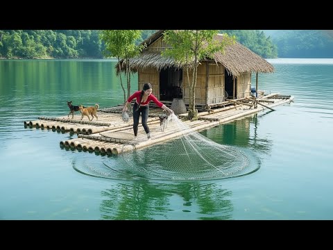 Building Raft with Bamboo and A Roof -- Fishing & Cooking by the Stream with Thu