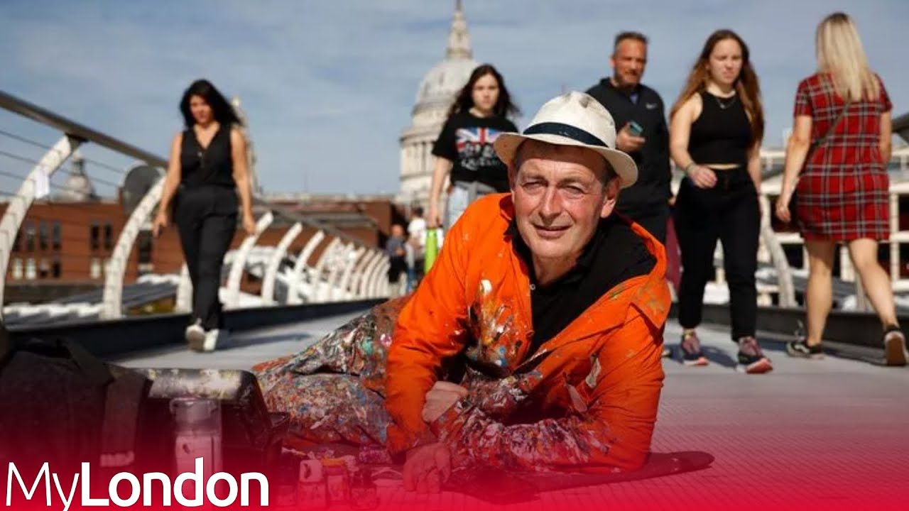 'Chewing gum man' paints gum on London's Millennium Bridge