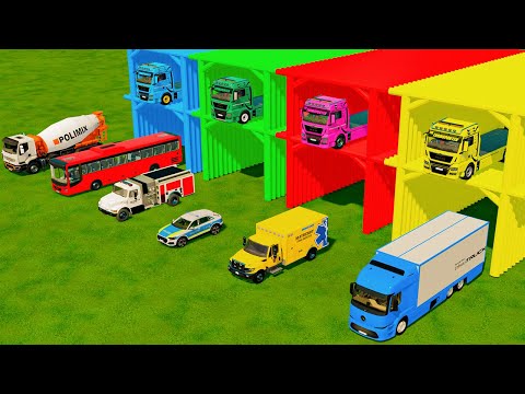 TRANSPORTING MERCEDES MINIBUS, VOLKSWAGEN & FORD POLICE CARS, MERCEDES FIRE TRUCK TO GARAGE | FS22