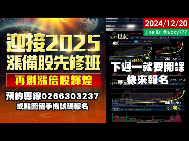 12/20【甜心盤後影音】0狂賺世紀11倍還不夠，下週一即將開課！漲備股課程～預備備，2025再創漲倍股輝煌！
