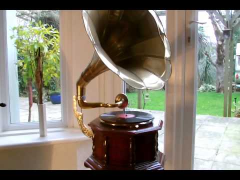 Vintage hmv style brass horn gramophone