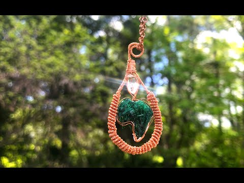 FIBROUS MALACHITE with HERKIMER DIAMOND QUARTZ - Wire Coiled:Wrapped Pendant in Copper
