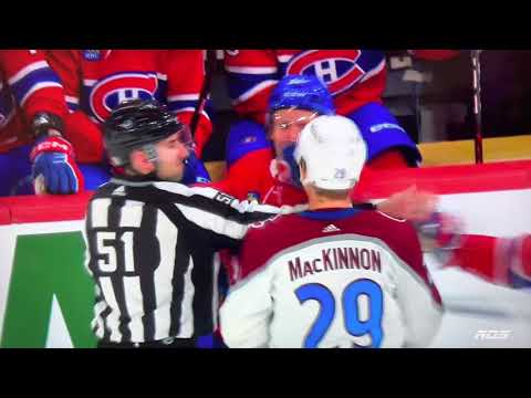 Nathan MacKinnon goes after Kaiden Guhle after receiving tripping penalty