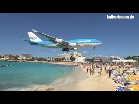KLM 747 Landing and Take-Off with Jet Blast at Maho Beach - St. Maarten - 2012-01-24