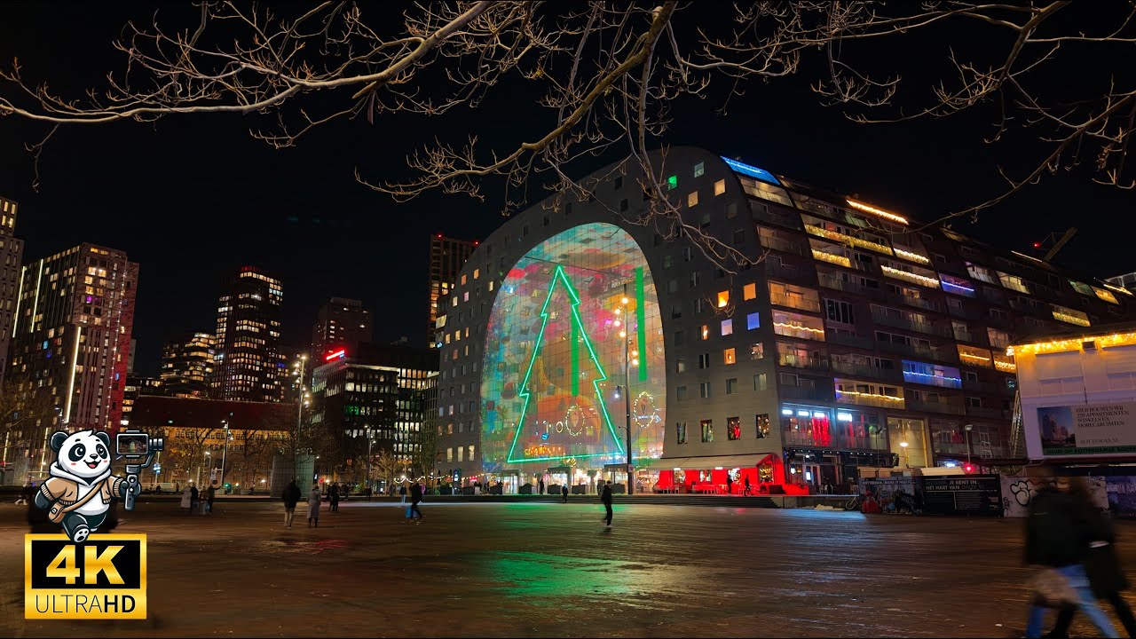 Immersive street-level walking tour through Rotterdam Markthal, Netherlands, showcasing authentic urban landscapes, local architecture, and the vibrant atmosphere of the city's neighborhoods
