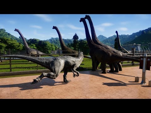 Jurassic World Evolution - 5 Brachiosaurus & 2 Indominus Rex Breakout & Fight! (1080p 60FPS)