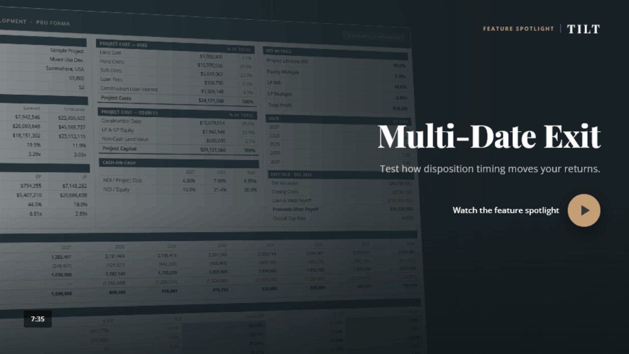 TILT Development Model Multi-Date Exit feature walkthrough showing flexible exit timing and disposition analysis